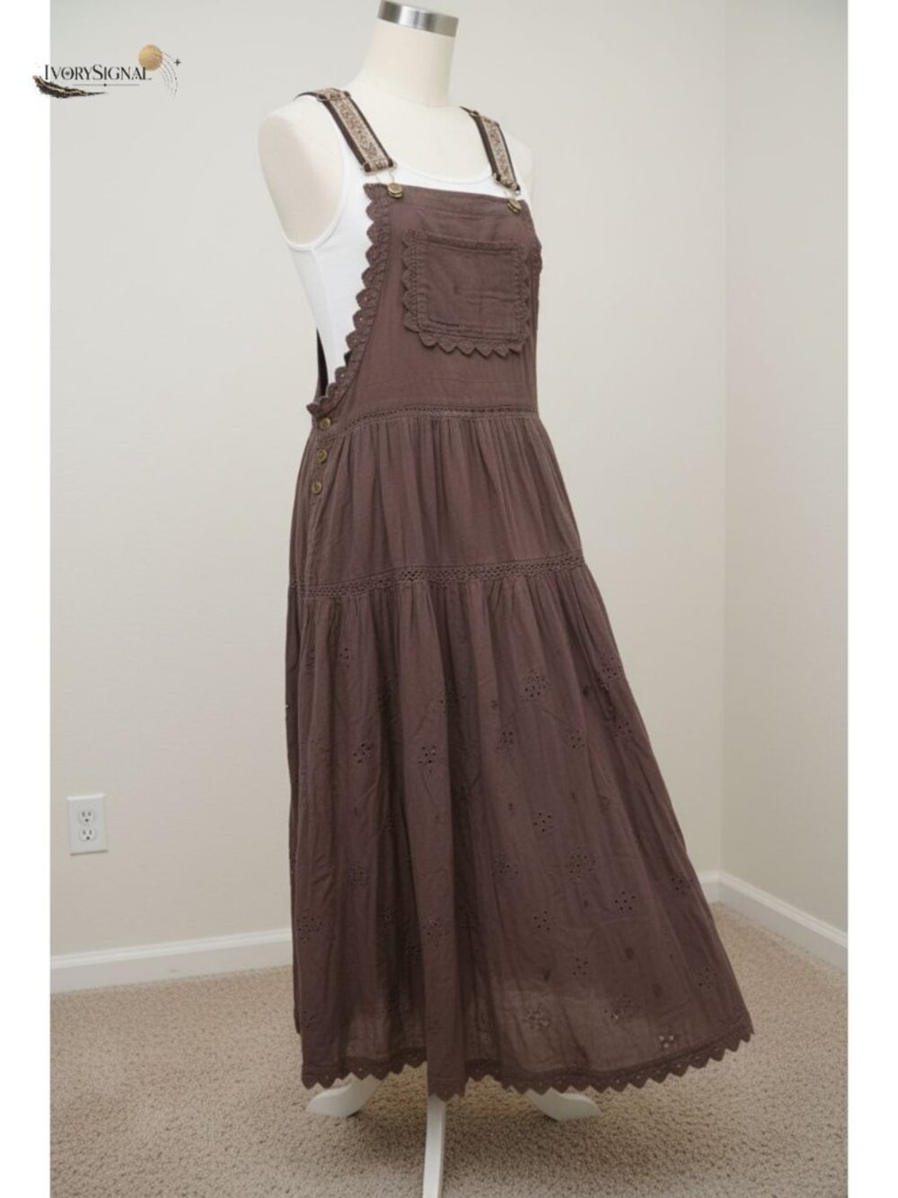 Lace Embroidered Maxi Dress Adjustable Strap Tiered Swing with Pockets